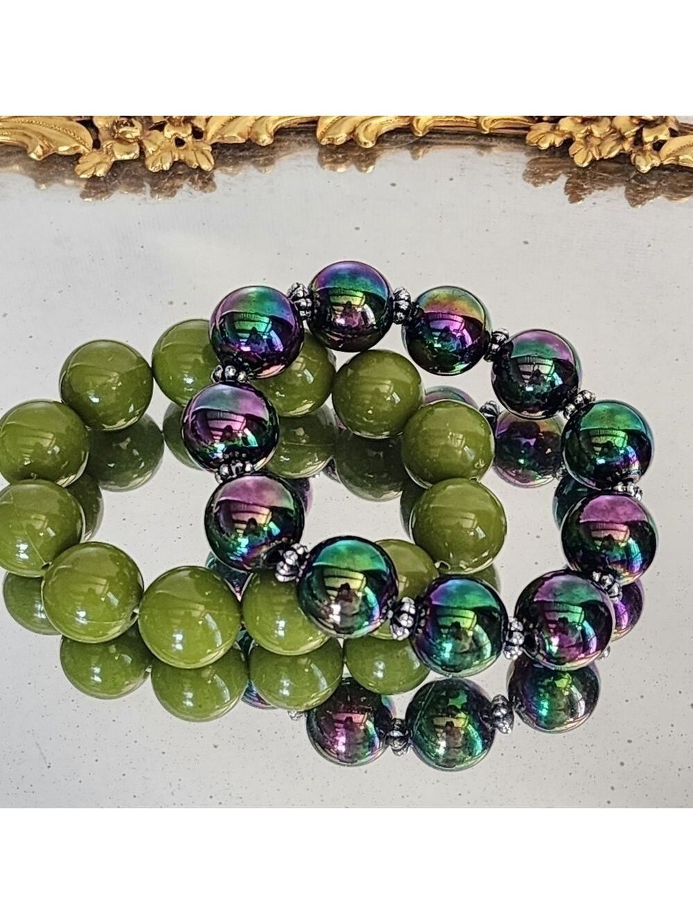 Stretch bracelet matching lot of 2 Green oil slick rainbow iridescent - Picture 2 of 4